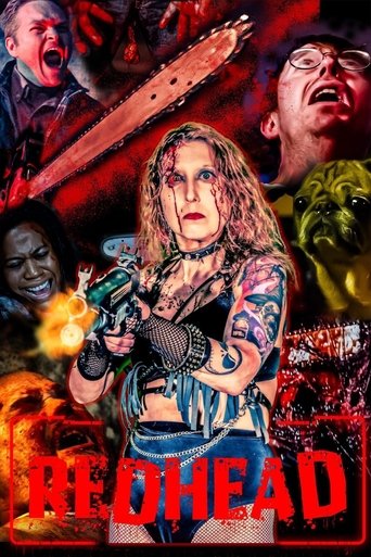 A dark, ominous poster featuring a woman with tattoos and a gun amidst screaming faces, blood splatters, and a green monster. The intense red and black color scheme conveys horror and danger.