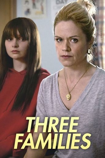 The poster features two women in a somber, tense atmosphere. The woman in the foreground wears a gray top, while the one behind her sports a red shirt. The title "Three Families" is prominently displayed in bold, yellow letters at the bottom.