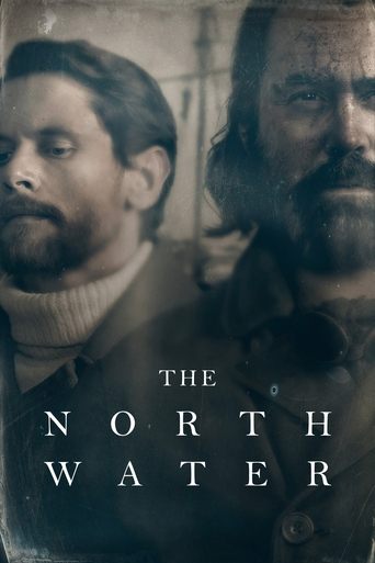 The poster features two men in sepia-toned, moody portraits against a dark background. The title "The North Water" is prominently displayed in bold, white serif font. The overall mood is somber and mysterious, evoking a sense of historical drama.