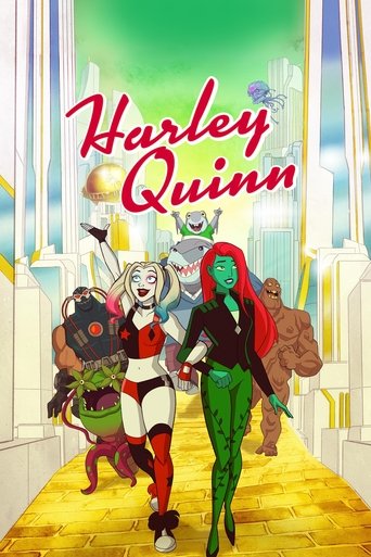 This vibrant poster features Harley Quinn, a green-skinned character with red hair, standing confidently alongside her friends. The scene is set on a bright, sunlit street with colorful buildings in the background. The mood is energetic and playful, capturing the essence of the show's dynamic and...