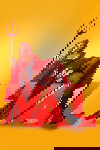 A glamorous woman in a red dress and black stockings poses confidently on a red "VAL" sign against a warm yellow background. The poster exudes a bold, confident, and slightly edgy atmosphere with its striking colors and confident pose.