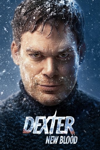 The poster features a gritty, intense close-up of a man with snowflakes on his face, conveying a cold, serious mood. The dark, moody background enhances the dramatic atmosphere, while the title "Dexter: New Blood" is prominently displayed in bold, metallic letters, emphasizing the show's gritty, ...