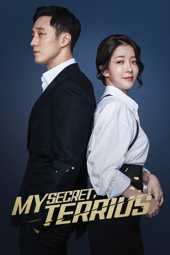 The poster features a man in a dark suit and a woman in a white blouse with suspenders, standing back-to-back against a deep blue background. The title "MY SECRET TERRIUS" is prominently displayed in bold, metallic gold letters at the bottom. The mood is mysterious and dramatic, suggesting a thri...