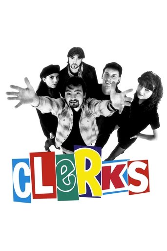 The poster features five actors in a dynamic pose against a stark white background, with colorful lettering spelling "Clerks" at the bottom. The mood is energetic and humorous, capturing the essence of the comedy troupe's lively and chaotic spirit.