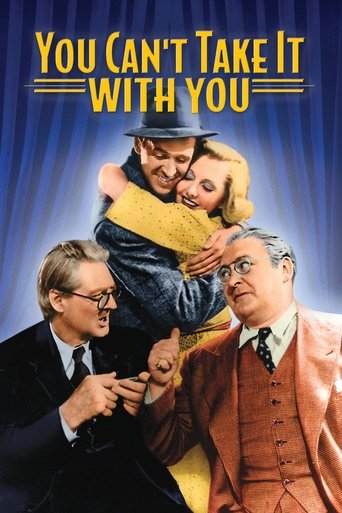 The poster features four men in formal attire, with a woman in a yellow dress playfully hugging one man. The background is a deep blue, and the title "You Can't Take It with You" is prominently displayed in bold yellow letters. The mood is playful and romantic, capturing the essence of the film's...