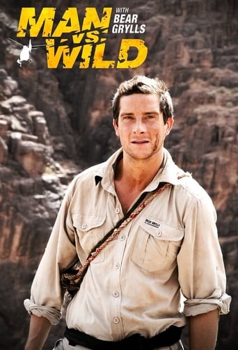 The poster features a rugged man in a beige shirt against a dramatic desert backdrop. The bold yellow title "MAN vs. WILD" dominates the top, emphasizing the theme of survival. The overall mood is intense and adventurous, capturing the essence of an epic outdoor adventure.