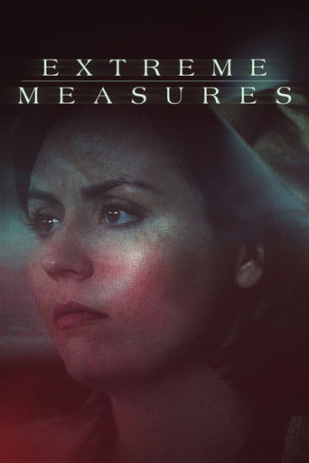 The poster features a woman with a somber expression, her face illuminated by dramatic red and blue hues that evoke a sense of urgency and danger. The title "EXTREME MEASURES" is prominently displayed at the top, suggesting a thrilling and intense storyline.
