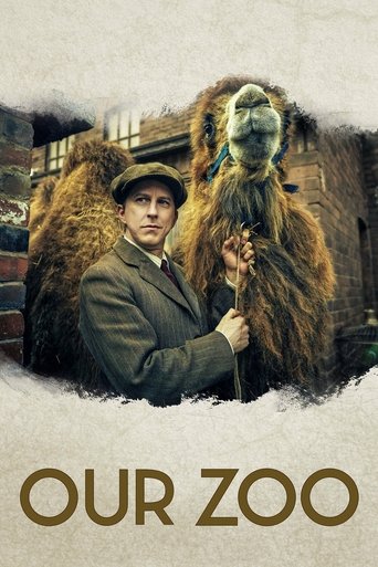 The poster features a man in a suit holding a large, furry monkey, set against a rustic backdrop. The earthy tones and warm lighting evoke a sense of nostalgia and adventure. The title "OUR ZOO" at the bottom suggests a story about animals and human interaction.