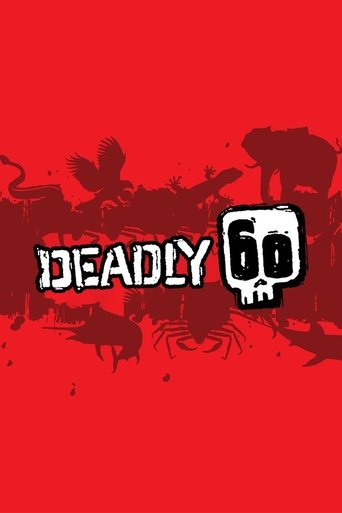 A dark red poster featuring the title "DEADLY 60" in bold white letters, with a skull and spider graphic. The ominous red background and shadowy silhouettes of people create a spooky, eerie mood.