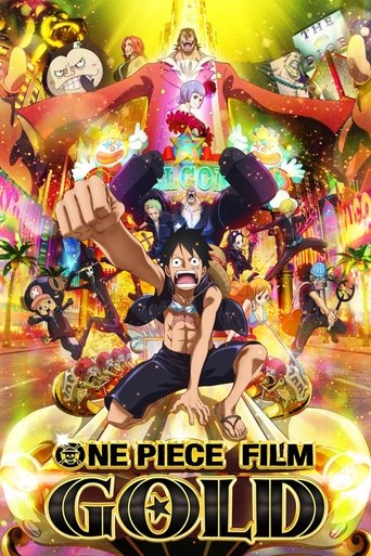 The poster features a dynamic scene with multiple characters in vibrant, colorful outfits, suggesting an action-packed adventure. The background is filled with bright hues of orange, yellow, and purple, creating a lively and energetic atmosphere. The title "One Piece Film: GOLD" is prominently di...