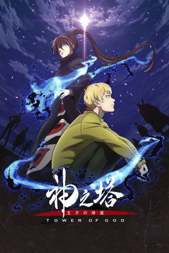The poster features a dramatic scene with a young man in a green jacket and a mysterious figure in dark armor, surrounded by swirling blue energy. The deep purple and black background creates a mysterious and intense atmosphere, suggesting a fantasy setting. The title "Tower of God" is prominentl...