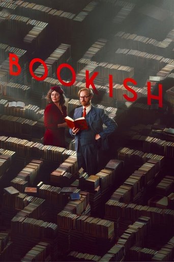 The poster features two people sitting amidst towering stacks of books, with one holding a book open. The warm lighting creates a cozy atmosphere, while the bold red "BOOKISH" text adds a playful, modern touch.