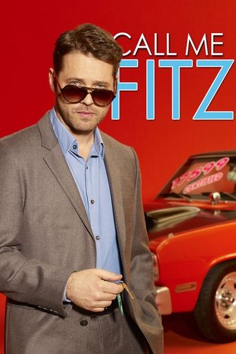 A stylish man in sunglasses and a gray suit stands confidently against a vibrant red background, holding a cigarette. The bold blue text "CALL ME FITZ" dominates the poster, evoking a sense of cool sophistication and modern charm.