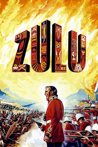The poster features a dramatic scene with a Zulu warrior in a red cape, surrounded by soldiers and warriors under a fiery sky. The bold, textured title "ZULU" dominates the top, evoking a sense of ancient power and historical significance.