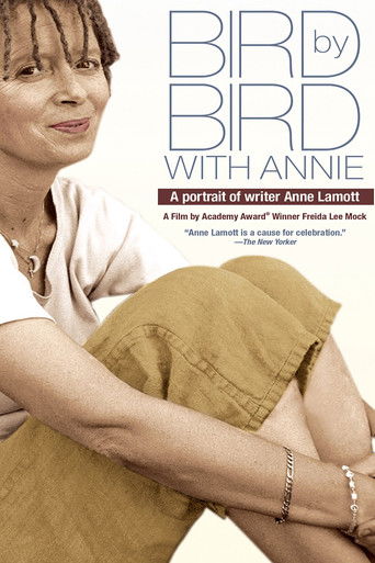 The poster features a warm, earthy tone with muted browns and soft greens. A woman with short hair gazes softly at the viewer, exuding calm and introspection. The title "Bird by Bird" is elegantly displayed in large, white letters, while "with Annie" appears below in a smaller font. The overall m...