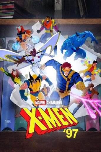 This vibrant poster showcases a dynamic scene from "X-Men '97," featuring iconic characters in action poses against a dramatic backdrop. The bold red and yellow "X-Men '97" logo stands out prominently, while colorful figures like Wolverine and Storm add energy to the composition. The overall mood...