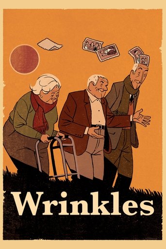 The poster features three elderly men in a warm orange background, with money floating above them. The title "Wrinkles" is prominently displayed at the bottom. The mood is humorous and nostalgic, capturing the essence of aging.