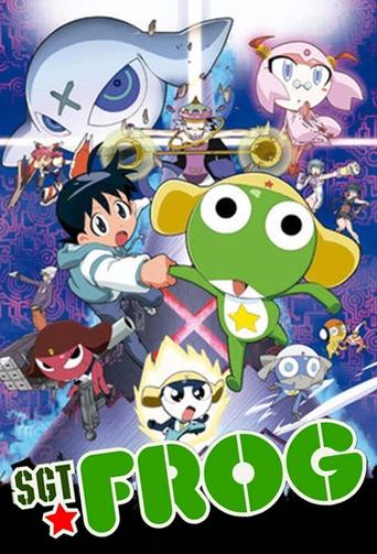 This vibrant TV poster features a dynamic scene with Sgt. Frog, a green frog-like character, at the center, surrounded by other characters in action poses. The background is filled with colorful characters and magical elements, creating an energetic and adventurous atmosphere. The bright green an...