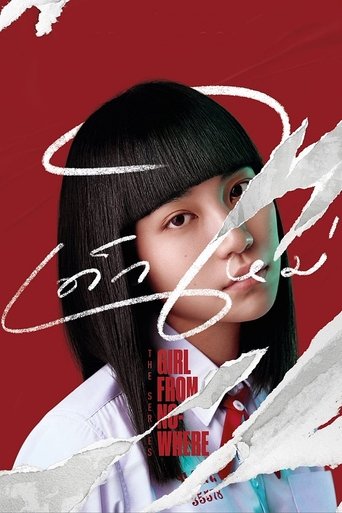 This TV show poster features a young woman with black hair and bangs, wearing a white shirt against a vibrant red background. The word "Girl from Nowhere" is prominently displayed in white script, with torn paper effects adding a dramatic touch. The overall mood is mysterious and intriguing, sugg...