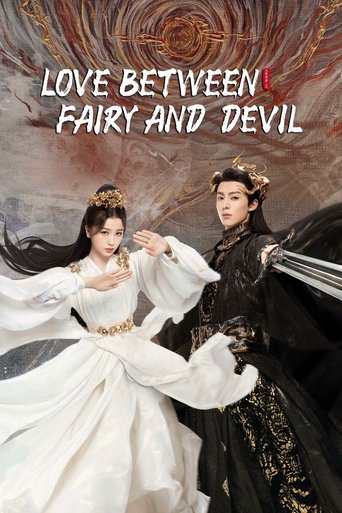 The poster features a dramatic scene with two characters in contrasting attire: a woman in flowing white robes and a man in elaborate black and gold fantasy clothing. The woman's long hair flows dramatically, while the man's dark cloak adds to the mystical atmosphere. The background is filled wit...