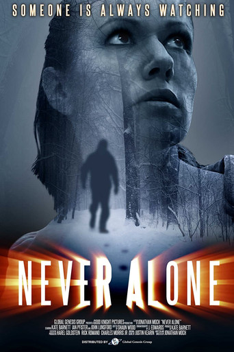 The poster features a hauntingly beautiful image of a woman's face, her eyes wide with fear, set against a dark, stormy sky. A silhouette of a lone figure walks away from her, adding to the eerie atmosphere. The title "Never Alone" glows in fiery orange, contrasting sharply with the cool blues an...