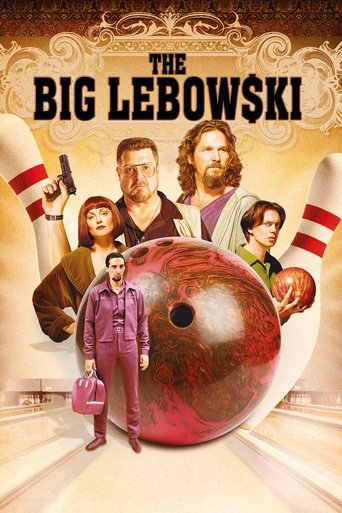 The poster features a group of characters in a bowling alley setting, with a large red bowling ball dominating the foreground. The warm, golden hues create a nostalgic and slightly humorous atmosphere. The characters are dressed casually, adding to the laid-back vibe. The title "The Big Lebowski"...