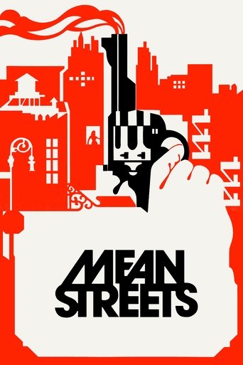 The poster features a stylized red and black cityscape silhouette with a ghostly figure emerging from a building. The bold, jagged typography of "Mean Streets" dominates the bottom, evoking a gritty, noir atmosphere.