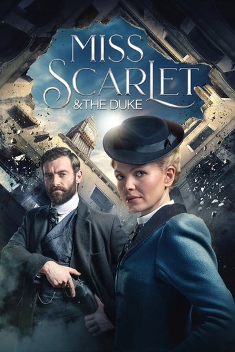 The poster features a man and woman in period clothing against a dramatic, sepia-toned background. The woman wears a blue coat and hat, while the man is dressed in formal attire. The title "Miss Scarlet & The Duke" is elegantly displayed at the top. The overall mood is mysterious and historical.