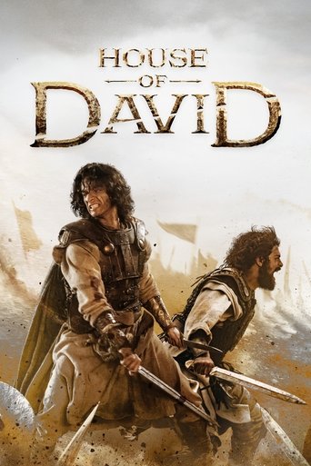 The poster features two men in rugged, earthy tones against a dusty, golden backdrop. The title "House of David" dominates the top with bold, metallic lettering. The mood is adventurous and historical, capturing the essence of ancient warriors in a dramatic, sunlit landscape.