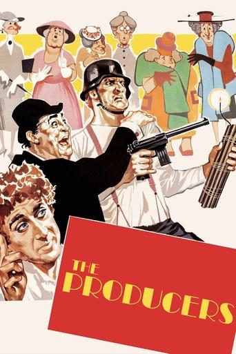 This vibrant poster features a dynamic scene with actors in colorful costumes, exuding excitement and drama. The bold red background with the title "The Producers" in gold adds a striking visual impact. The overall mood is energetic and theatrical, capturing the essence of the film's action-packe...