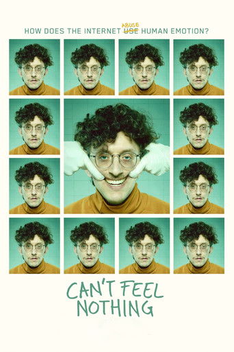 The poster features a grid of nine images, each showing a young man with curly hair and glasses, dressed in orange shirts. The central image displays a man with glasses and white earplugs, smiling broadly. The background is a teal color, and the text at the bottom reads "CAN'T FEEL NOTHING" in bo...
