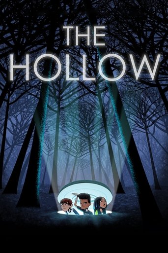 The poster features three children standing in a dark, eerie forest at night. A glowing blue light emanates from the ground, casting a mysterious glow on the trees and illuminating the children. The title "THE HOLLOW" is prominently displayed at the top in bold, white letters. The overall mood is...