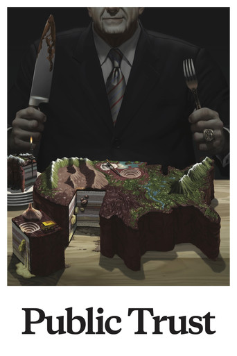 The poster features a man in a dark suit holding a knife and fork, suggesting a dramatic confrontation. The background is dark, emphasizing the man's presence. The title "Public Trust" is prominently displayed at the bottom. The overall mood is serious and intense, hinting at a high-stakes narrat...