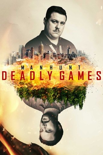 The poster features a dramatic, sepia-toned portrait of a man against a fiery, chaotic cityscape backdrop. Below him, a serene woman's face appears as if emerging from the burning ruins, creating a juxtaposition of human emotion and destruction. The title "MANHUNT DEADLY GAMES" is boldly displaye...