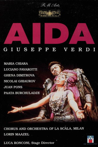 This poster features a dramatic scene with a woman in period attire, set against a dark background. The color scheme uses deep blacks and reds, creating a somber and intense mood. The title "AIDA" is prominently displayed in bold red letters, emphasizing the film's dramatic and historical themes.