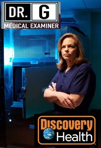 The poster features a confident medical examiner with arms crossed, standing in a dimly lit examination room. Blue and black tones create a serious, professional mood, emphasizing the gravity of the profession. The Discovery Health logo at the bottom reinforces the show's branding.
