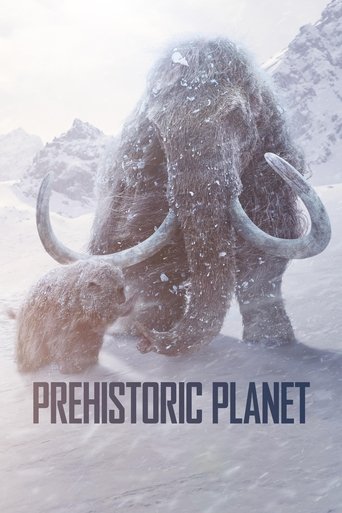 The poster features a majestic, snow-covered mammoth with prominent tusks, evoking a sense of ancient grandeur and mystery. The muted, icy tones of the snowy landscape and the soft, overcast sky create a serene yet timeless atmosphere. The title "Prehistoric Planet" is prominently displayed in bo...