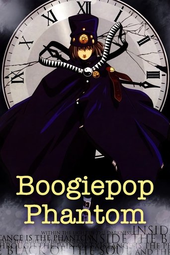The poster features a mysterious figure in a dark purple cloak, holding a clock with Roman numerals, creating a spooky atmosphere. The dark purple color scheme and the clock add to the eerie mood, while the golden text "Boogiepop Phantom" stands out against the dark background.