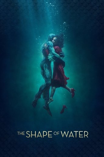 The poster depicts a dramatic underwater scene with two figures embracing in a romantic embrace. The deep blue water and sunlight filtering through create an ethereal, mysterious atmosphere. The title "The Shape of Water" is elegantly displayed at the bottom, emphasizing the film's unique and sur...