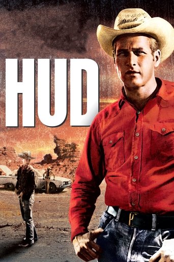The poster features a rugged cowboy in a red shirt and cowboy hat, exuding a tough, adventurous mood. In the background, a lone figure walks away in a dusty landscape, hinting at the film's action-packed narrative. The bold "HUD" title dominates the left side, emphasizing the film's gritty, weste...