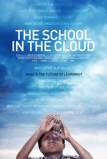 The poster features a young boy holding binoculars above his head against a vibrant blue sky, evoking wonder and curiosity. The title "The School in the Cloud" is prominently displayed in bold white letters, suggesting a magical or surreal setting. The overall mood is dreamy and inviting, hinting...