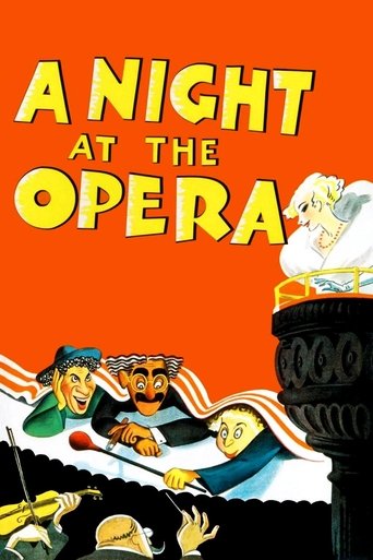 The poster features a vibrant orange background with bold yellow text. Below, animated characters in period costumes appear to be dancing or performing on stage, surrounded by dramatic lighting. The mood is lively and theatrical, capturing the essence of a classic opera performance.