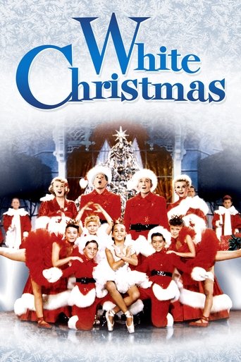 The movie poster features a group of people dressed in Santa Claus outfits, with a cheerful and festive atmosphere. The title "White Christmas" is prominently displayed in blue letters against a snowy background, evoking a classic holiday vibe.