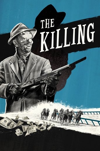 The poster features a stern man in a fedora holding a rifle, set against a blue background. Below him, soldiers march along a road, with money scattered on the ground. The mood is serious and ominous, reflecting the film's themes of violence and crime.