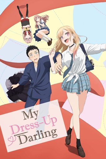 The poster features a vibrant anime-style illustration with a young man in a blue suit and a blonde girl in a plaid skirt, both smiling joyfully. The background is filled with colorful, abstract shapes and floating figures, creating a playful and energetic atmosphere. The title "My Dress-Up Darli...
