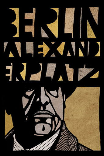The poster features a stylized, black-and-white illustration of a man with a somber expression, evoking the melancholic mood of the story. The bold, fragmented text "BERLIN ALEXANDR EPLAZ" in yellow and black creates a striking visual contrast against the sepia-toned background. The composition s...