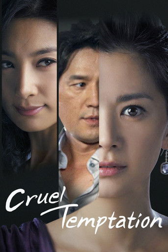 The poster features three women with intense expressions, suggesting drama and intrigue. The dark background contrasts with the warm tones of their faces, creating a dramatic mood. The title "Cruel Temptation" is elegantly written in white, emphasizing the show's provocative nature.