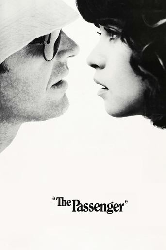 This black-and-white poster captures a romantic, intimate moment between two characters in close proximity. The minimalist composition with stark lighting and minimal colors evokes a sense of mystery and emotional depth. The title, "The Passenger," hints at themes of travel and personal journey.