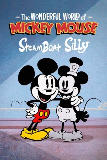 The poster features two cheerful Mickey Mouse characters in a playful, cartoonish style. One is dressed in a red shirt with yellow shorts, while the other wears a white shirt with a blue hat. The background is a soft blue with a hint of a white boat, suggesting a seaside setting. The overall mood...