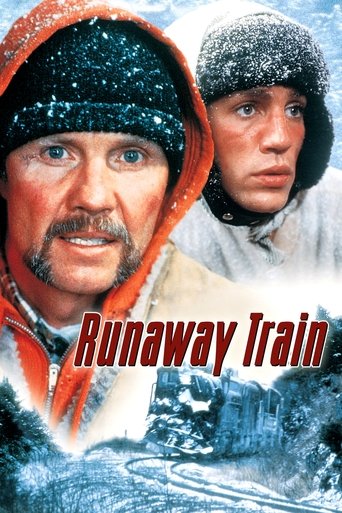 The poster features a rugged man in a red hooded jacket and a snowy man in a fur hat, evoking a cold, adventurous atmosphere. The title "Runaway Train" is prominently displayed in bold red letters, suggesting a thrilling journey through challenging terrain.